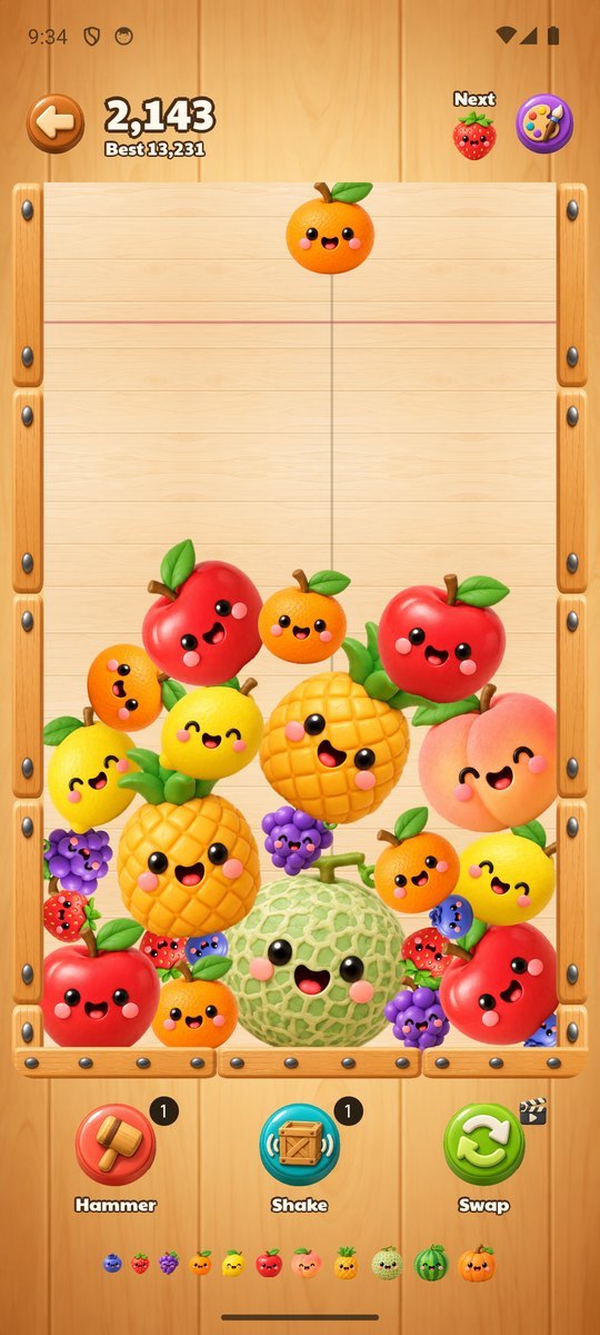 A run in play: fruit piled in a wooden crate under the red line
